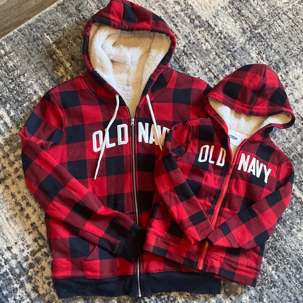 Matching Old Navy Buffalo check zip up sweaters. Size 5T and medium.